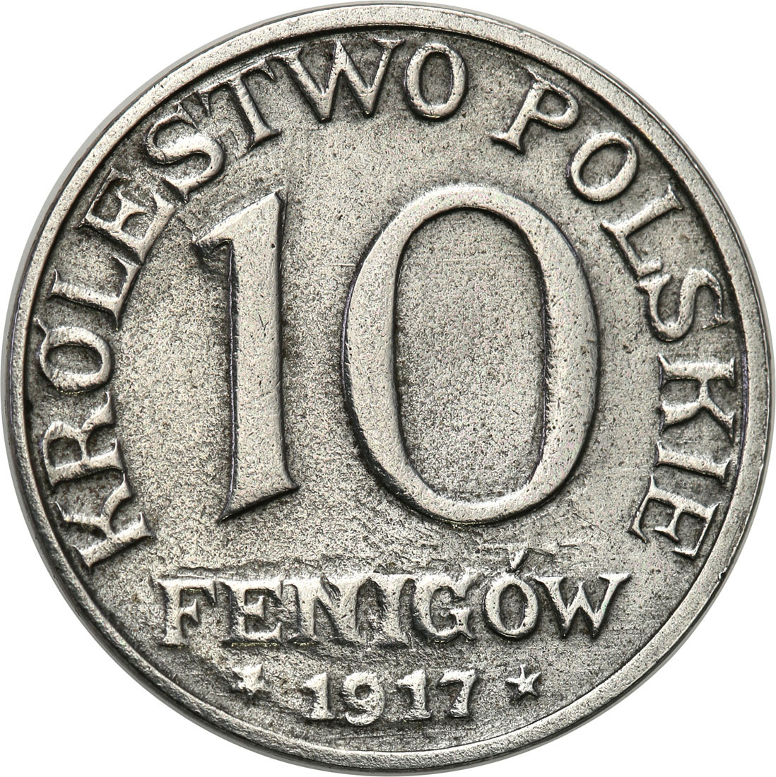 Królestwo Polskie. 10 fenigów 1917 napis bliżej obrzeża
